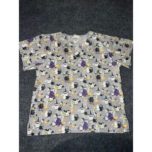 Tafford Halloween Scrub Top Gray Witches Owls Ghosts Pumpkins V-Neck XL
